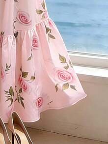 Vestido de verano para mujer, vestido con estampado floral de escote en V con tirantes finos, vestido rosa con hebilla cuadrada de metal dorado, vestido largo de escote en V con tirantes finos, vestido de estilo vacacional, vestido para ir y venir y casual, conjunto de vacaciones de verano, conjunto para el Día de San Valentín, vestido de fiesta, vestido de boda, vestido de graduación, conjunto de vacaciones de verano, conjunto para exteriores, vestido casual y elegante para ir y venir, uso diario casual y versátil y elegante - Rosa - Ver 5