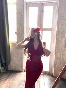 Nuevo Vestido Elegante con Cintura Marcada, Encaje de Malla y Cuello Halter Estilo Puro Sensual - Rojo - Ver 4
