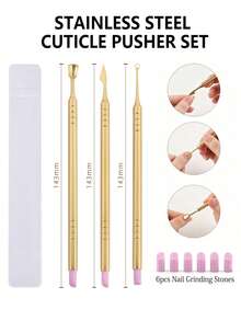 3pcs Stainless Steel Dual-Head Cuticle Pusher & Remover, With 6pcs Nail Buffing Stones, Professional Manicure Tools - Multicolor - View 12