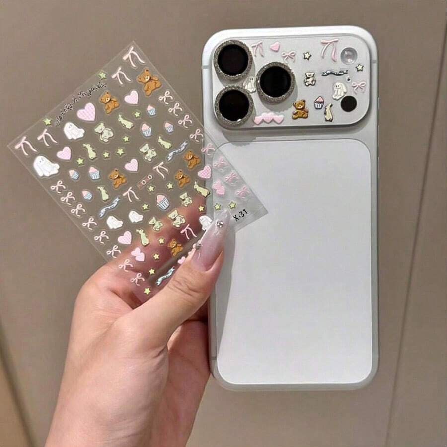 Cute Cartoon Camera Lens Protector Apple 17 Promax Phone Lens Cute Bear Sticker, DIY Decorative Sticker Base, Camera Protective Film Mother's Day Gift - Clear - View 1
