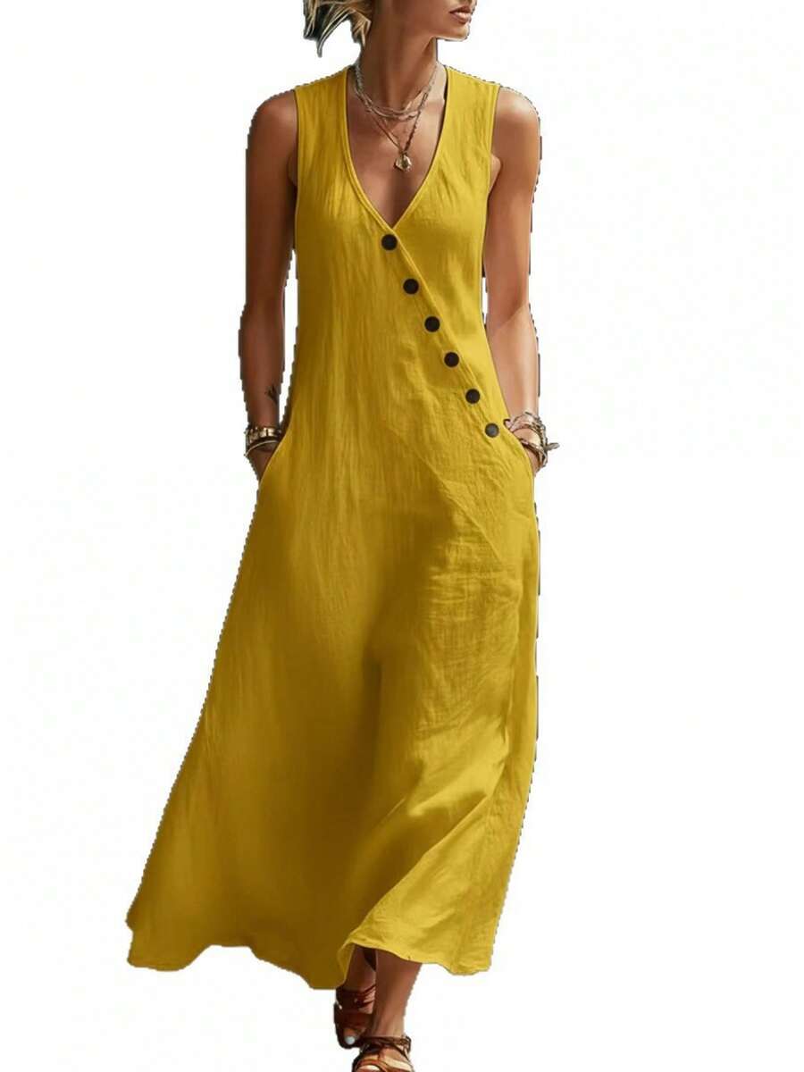 New 2026 Women's Summer Tank Dress Solid Color V-Neck Buttoned Sleeveless - Kuning - View 1