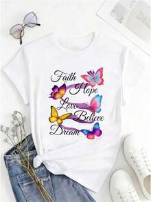 Women's Clothing: Women's T-Shirt With "Butterfly" Print | Casual Loose Fit, Short Sleeves, Round Neck, Medium Stretch, Vibrant Butterfly And Flower Print Design, Fashionable T-Shirt For Spring, Summer, And Autumn, Butterfly Shirt, Pure Cotton Printed Short-Sleeve Top, Round Neck, Stretchy Fabric, Fashionable Top For Spring/Summer, An Ideal Gift For Mothers And Women. Women's Shirts - 白色 - 查看 2