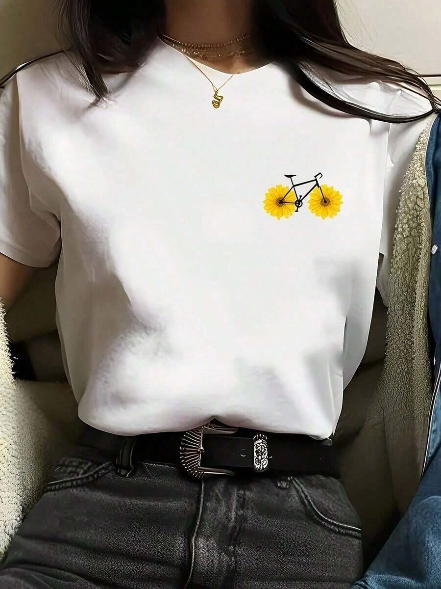 1 pieza (marca Layouzi) La bicicleta es un diseño formado por dos crisantemos, impreso en una camiseta de manga corta con cuello redondo para mujer. Presenta un estilo femenino casual y a la moda, lo que lo convierte en una elección perfecta para el verano. La camiseta ofrece una sensación cómoda y una experiencia de uso perfecta. 100% algodón. - Blanco - Ver 1