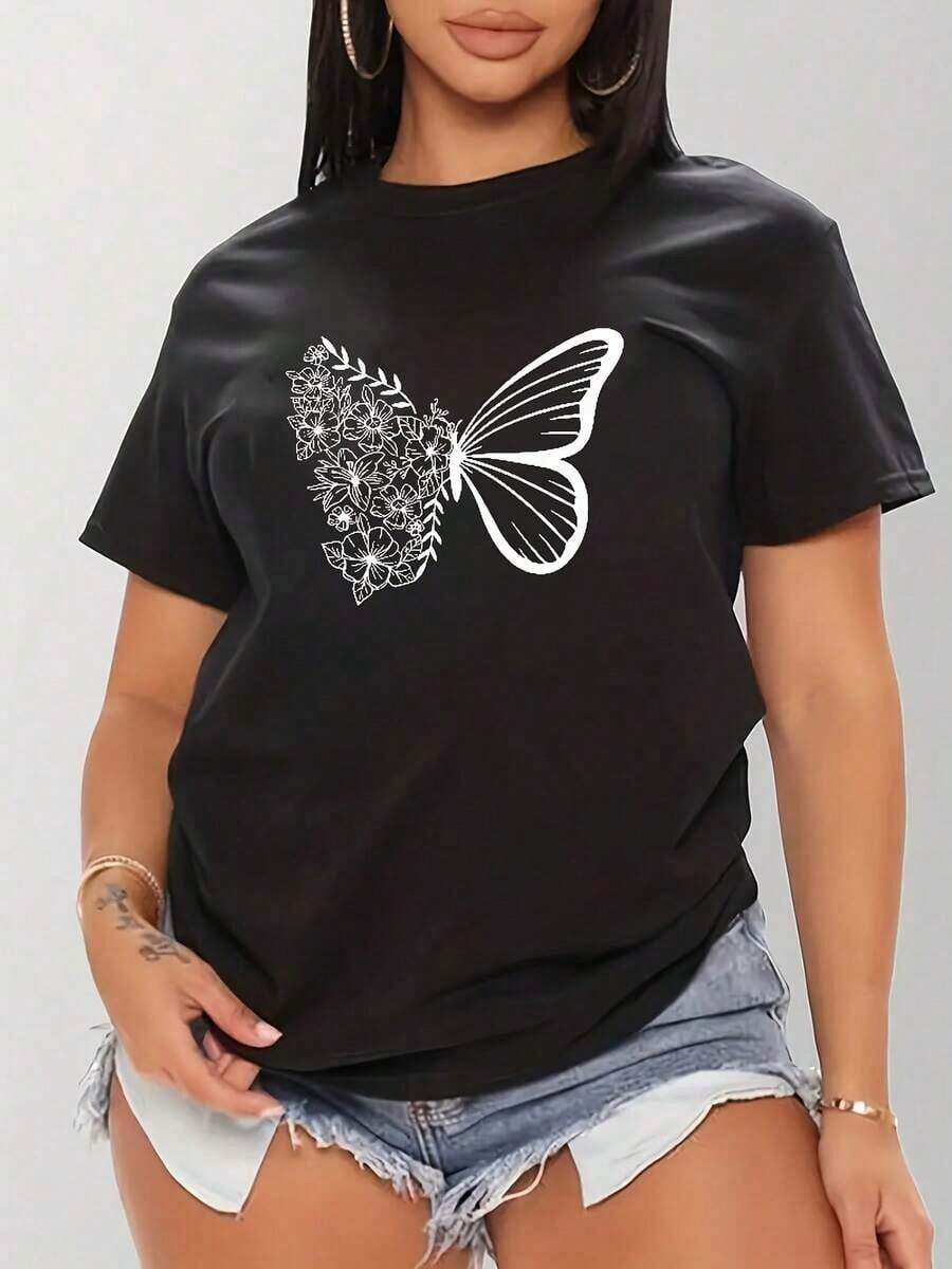 Camiseta Holgada Sencilla Mujer Estilo ModernoCamiseta Casual de Manga Corta para Mujer con Estampado de Mariposas Intrincado - Cuello Redondo, Poliéster Ligero, Perfecta para Primavera y Verano, Camisetas para DamasCozy Soft Simple Everyday Wear Short Sleeve Top - Negro - Ver 1