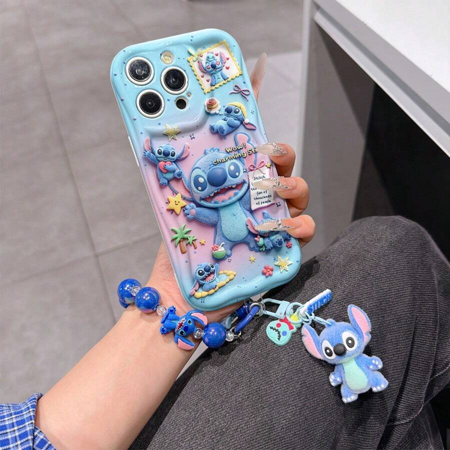 Disney Lilo & Stitch Phone Case With Stitch Charm And Stitch Lanyard - Cute Stitch Protective Case With Sticker Style And Pastel Gradient Background Design, Equipped With Delicate Stitch Decorative Lanyard And Beaded Bracelet For Easy Carrying, Compatible With IPhone 17, 16, 15, 14, 13, 12, 11 Pro Series, Ideal For Birthdays, Holidays, Anniversaries, Graduation Gifts, Or Any Special Occasion To Surprise Family, Friends, Classmates, And Loved Ones. - White - View 1