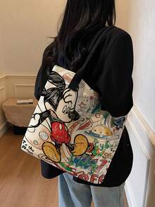 Disney 開學季迪士尼可愛卡通印花帆布托特包，適合女性日常購物與聚會，休閒風格托特包 - 彩色 - 查看 12