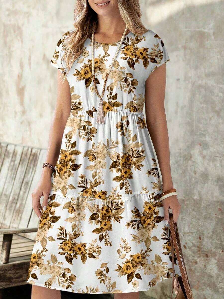 Vestido casual de mujer de manga corta, cuello redondo y longitud media, con apariencia de lino verde, para primavera/verano - Multicolor - Ver 1