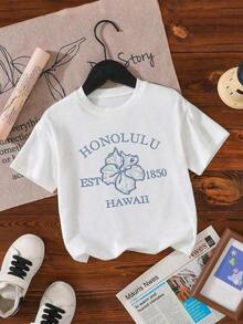 Women's Clothing Tropical Vacation Sets, Hibiscus Flower Slogan Print T-Shirt, Cool Minimalist Casual Style For Teens, Summer Floral Top, Honolulu Hawaiian T-Shirt, Free Shipping, Women's Shirts - 白色 - 查看 3