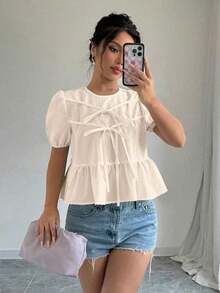 Blusa con volantes y mangas abullonadas con lazo en la parte delantera - Beis - Ver 5