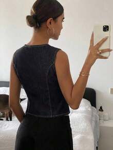 Chaleco vaquero casual con cuello en V para mujer - Azul lavado oscuro - Ver 3
