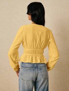 Camisa casual de mujer de unicolor con cuello en V y detalle de nudo en la parte delantera, de manga larga - Amarillo - Ver 6