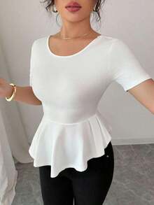 Elegante blusa de punto jacquard con lunares, lazo en la espalda, cintura ceñida y bajo asimétrico - Blanco - Ver 4