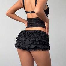 Women's New Sexy Lace Solid Color Black Cake Skirt Ruffle Low Waist Short Shorts,Valentine's Day,Valentines,Shorts For Women,Y2k,Valentine's Day,Graduation,Back To School Outfits Summer Outfits For Women Summer Clothes Summer Holiday Outfits - Rojo - Ver 3