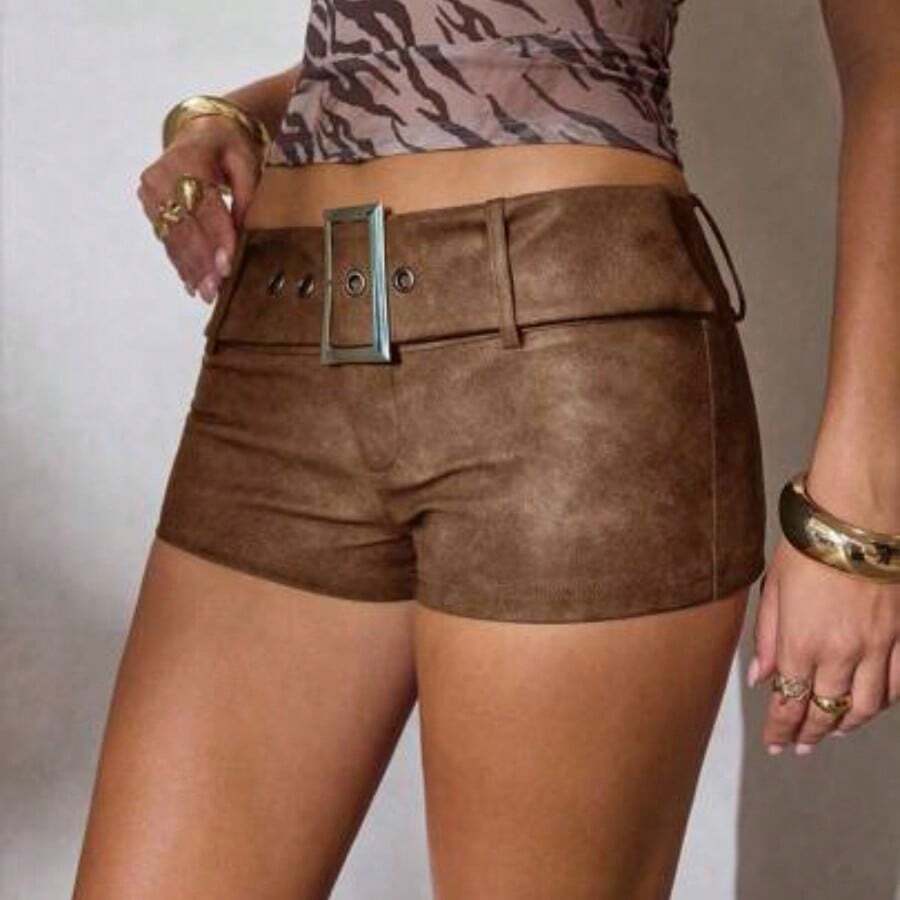 Women's New Arrival Grey Tie-Dye Washed PU Mini Shorts With Belt, Vintage Distressed Style Summer Outfits Summer Outfits For Women Summer Clothes Summer Holiday Outfits - Marrón - Ver 1