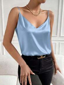 Camiseta de tirantes de unicolor, de estilo minimalista y casual para mujer - Azul - Ver 3