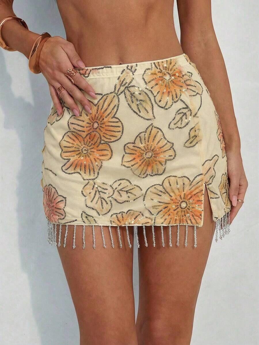 Falda de playa con flecos de lentejuelas elegante para mujeres, para festival de música Y2K, fiesta, Pascua, Día de San Patricio, carnaval, cita, concierto, concierto de country, falda verde con lentejuelas y brillo - Multicolor - Ver 1