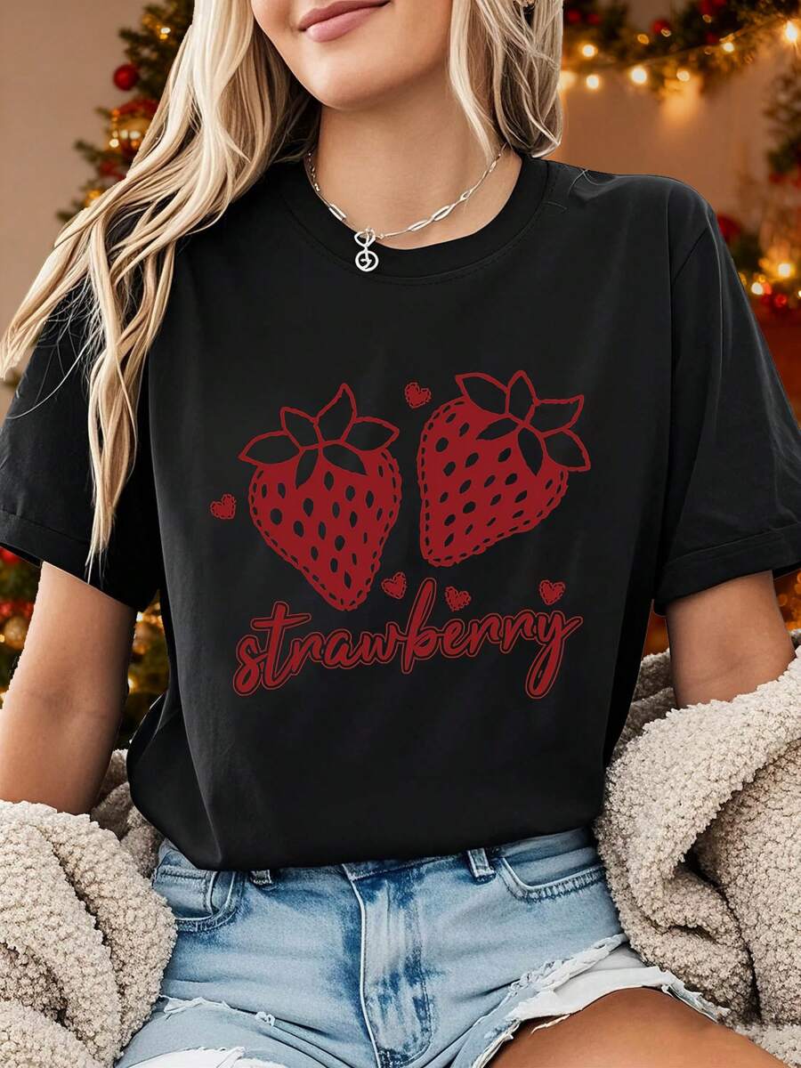 Camiseta con Estampado de Corazón de Fresa, Manga Corta, Cuello Redondo, Estilo Casual, Adecuada para Verano y Primavera, Ropa de Mujer EA7F - Negro - Ver 1
