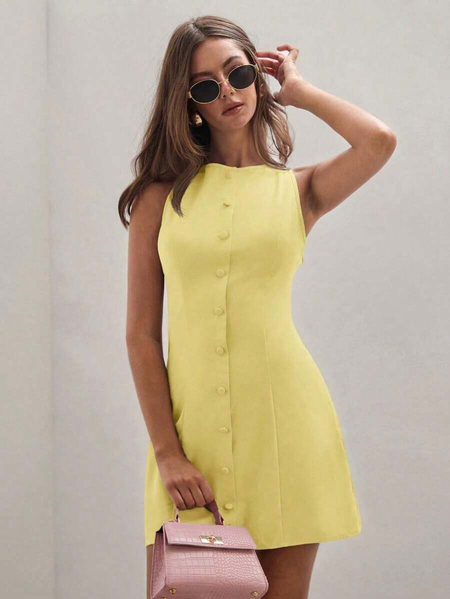 Vestido casual de verano de mujer de mini longitud, de un solo botón, cuello redondo y sin mangas, de unicolor - Amarillo - Ver 1