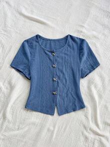 Blusa casual de mujer con manga corta, bordado de malla y lazo con botón - Azul - Ver 3