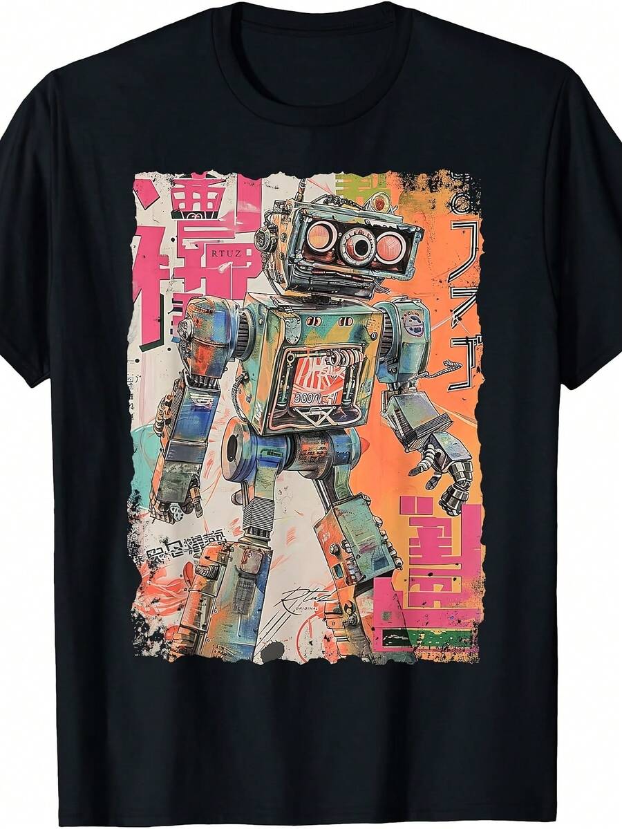 Camiseta robot de estilo urbano vanguardista, retro, moderna y de inspiración hip-hop Y2K, unisex, de manga corta estampada para el verano de 2026, 180 gramos, camisa elegante adecuada para fiestas. - Negro - Ver 1