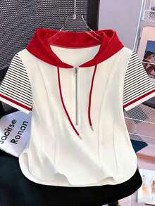 Camiseta con capucha y cremallera asimétrica de manga corta, nueva diseño de top casual para primavera/verano - Multicolor - Ver 6