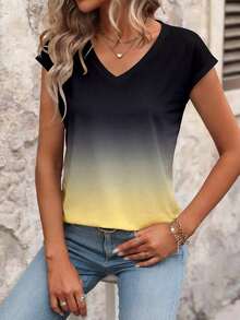 Blusa de rayas de verano casual para vacaciones, de manga corta y cuello en V, minimalista y versátil para uso diario y viajes, estilo coreano suave y apropiada para la oficina - Amarillo - Ver 4