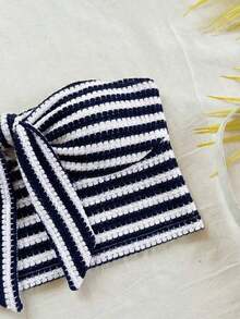 2 piezas Conjunto de top corto a rayas y shorts de cintura alta para mujer, adecuado para vacaciones, citas, té de la tarde, playa, crucero, viaje a la ciudad, festival de música, estilo bohemio de playa - Azul marino - Ver 5