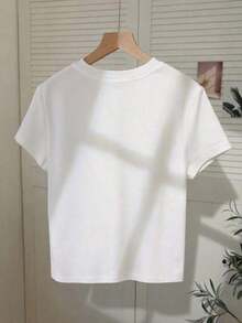 Camiseta de mujer de manga corta y cuello redondo con bordado de lentejuelas en forma de lazo, 56% algodón, estilo minimalista de moda, regalo para amigos - Blanco 3 - Ver 2