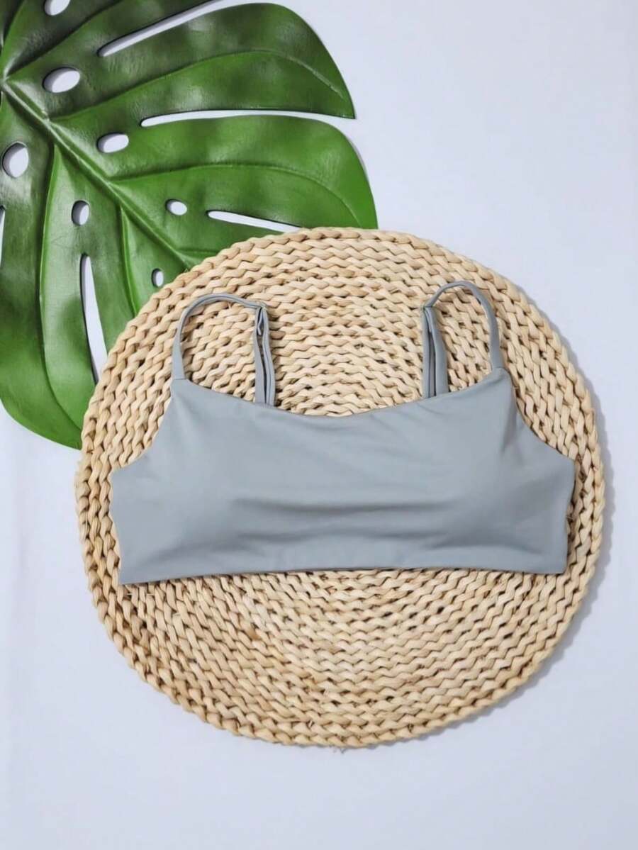 Simple Bikini Top With Thin Straps, Removable Padding, And Separate Adjuster, Polyamide - Light Grey - View 1
