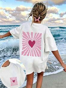 1 Piece Of Short-Sleeved T-Shirt With A Round Neck And Heart And Stripe Print. This Women's Short-Sleeved T-Shirt Features A Casual And Minimalist Style With A Round Neck, A Cute Design, And A Relaxed Fit, Making It Ideal For Everyday Wear And Vacations. Summer. 100% Cotton. - 白色 - 查看 2