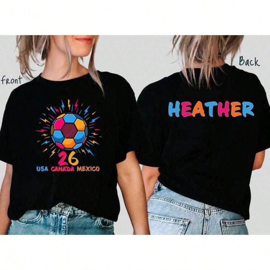 USA, CANADA, MEXICO, 2026 World Cup, New Unisex Pure Cotton T-Shirt, Casual, Plus Size, Crew Neck, Loose Fit - 黑色 - 查看 1