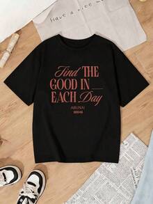 Camiseta Casual de Mujer de Punto con Cuello Redondo y Manga Corta, con Estampado Inspirador, Hombros Caídos y Largo Regular 3O7I - Negro - Ver 3