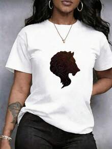 Camiseta para Mujer estampado integral de lobo, estampado de letras, manga corta y cuello redondo, corte holgado, diseño vintage en estilo casual de manga corta y cuello, prenda casual versátil para Uso Casual, cómoda, suave, transpirable, lavable a máquina - Negro - Ver 6