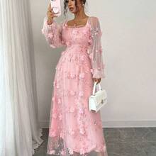 Elenzya Women's Elegant Retro Charming Princess Gentle Lady Net Yarn Long Sleeve Square Collar Waist A-Line Fluffy Hem Solid Color 3D Floral Embroidered Net Dress Fall Cloth For Women - Rosa - Ver 8