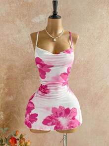 Vestido de tirantes con cuello drapeado con diseño de flores rojas en acuarela para vacaciones de verano - Multicolor - Ver 4