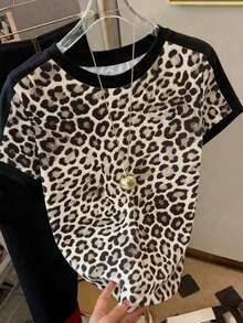 Camiseta de cuello redondo con estampado de leopardo vintage clásico y casual para mujer, adecuada para el verano - Negro - Ver 1