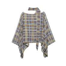 Poncho de mujer con cuello redondo y mangas de murciélago a cuadros, elegante ropa de primavera para damas - Niebla azul - Ver 6