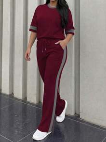 Conjunto de 2 piezas para mujer de primavera/verano, top de manga corta de cuello redondo y contraste de color casual y versátil, y pantalones rectos de cintura alta con cordón - Borgoña + Gris - Ver 6