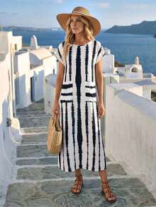 Vestido casual de mujer con estampado floral y manga corta, ideal para vacaciones de verano - Multicolor 2 - Ver 4