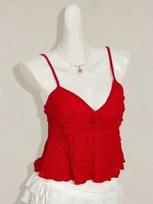 Blusa de tirantes de mujer con volantes de tela texturizada de unicolor para el verano y vacaciones - Rojo - Ver 8