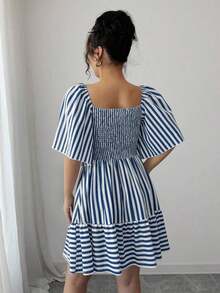 Elenzya Vestido de primavera y verano de talla media con rayas azules y blancas, manga corta, elegante y casual, con cintura ajustada para mujeres - Azul marino - Ver 2