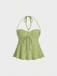 Top de tirantes con cuello halter y pliegues en Y2K - Verde - Ver 6