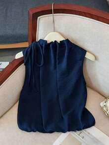 Blusa blanca elegante sin mangas, de cintura elástica y cuello suelto con cordón, de tejido texturizado, para mujer, para primavera/verano.Blusas y tops para mujer de cuello cerrado, blusas casuales y modernas para el verano - Azul marino - Ver 2