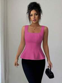 Blusa elegante de cuello cuadrado sin mangas para mujer, adecuada para la oficina, el transporte, el té de la tarde, las fiestas, las vacaciones y ocasiones casuales - Rosa Fucsia - Ver 5