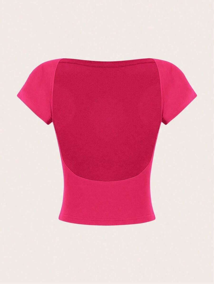 Camiseta casual de mujer de cuello de pico, manga corta y ajustada, versátil - Rosa Fucsia - Ver 1