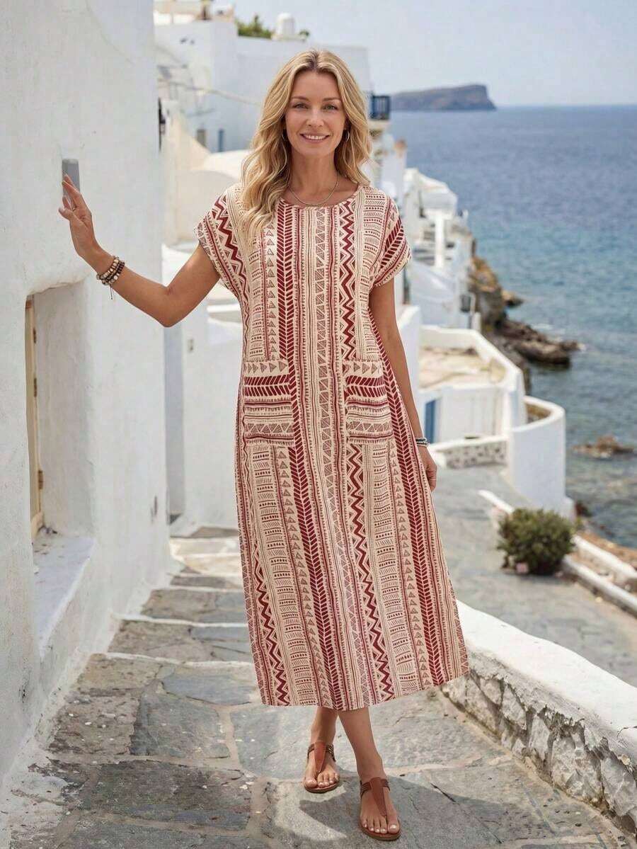 Vestido casual de mujer con estampado floral y manga corta, ideal para vacaciones de verano - Rojo - Ver 1