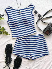 Eduarda Gutierrez  Conjunto de 2 piezas para mujer con top corto de punto a rayas y shorts ajustados de tiro súper bajo, atuendo adecuado para vacaciones, fiestas, Navidad, San Valentín, citas, playa, crucero, carnaval, Pascua, Año Nuevo Chi - Multicolor 6 - Ver 7
