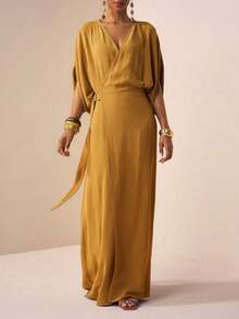 YHHZivah Vestido de lino maxi de manga corta con cuello en V, con cinturón en la cintura, decoración de metal, abertura, fluido, amarillo-verde, para uso en primavera/verano 2026, festivales de música, Pascua, Día de San Patricio, San Valentín, citas, estilo occidental, nómada, fiesta de cumpleaños, graduación, universidad, estudiante, uso diario, versátil básico, casual, vacaciones, crucero, playa, tomar el sol, viral, ropa urbana, invitado de boda bohemio, ir y venir, brunch, aeropuerto, fiesta, salida festiva, atuendo de oficinaYHH - Marrón - Ver 11