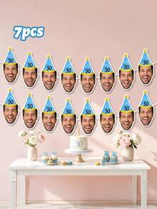 7/14/21pcs Custom Photo Face Bunting Banner, Personalized Age Party Hat Garland, Milestone Birthday Decor, Funny Party Photo Booth Prop, Birthday Keepsake Banner, Graduation Gift - Multicolor - View 12