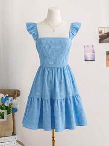 Vestido mini de mujer para vacaciones, de color caqui marrón, con textura de ramitas y hojas, de tela, con mangas de tipo gorro, espalda abierta y cintura con lazo, apto para fiesta, cita, té de la tarde, estilo bohemio, festival de música, carnaval, playa. - Azul - Ver 6
